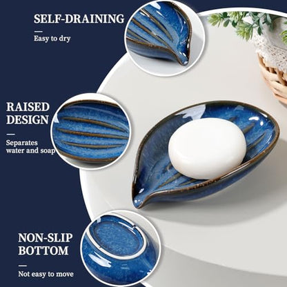 Soap Dish, Self-Draining Soap Holder, Leaf Shape Ceramic Bar Soap Holder Drain Soap Dishes for Bathroom Sink Kitchen, Easy to Clean Keeps Soap Dry, Blue, ANTIS'S HOME - color: Blue-1pcs