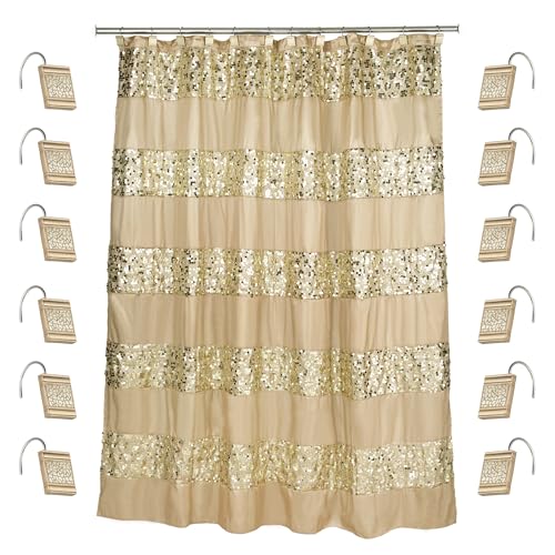 Zahari Home 13pc Sinatra Bathroom Shower Curtain Set - Gold Curtain & 12 Champagne Hooks - Luxury Fabric Bling Unique Beautiful Set - color: Sinatra Champagne Gold, style: Shower Curtain and 12 Shower Hooks