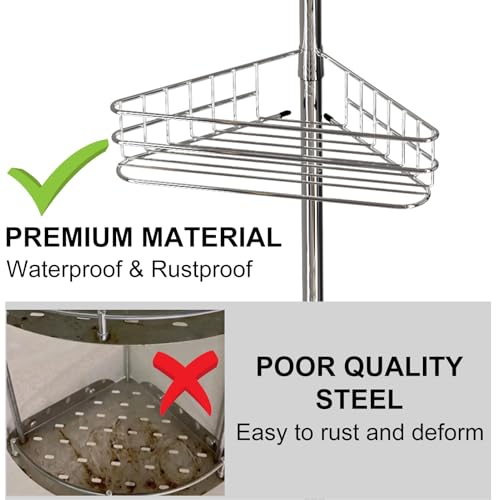 Adjustable Shower Caddy Corner for Bathroom, 4-Tier Rustproof Bathroom Organizer Shelves with Tension Pole, Floor Standing Bath Rack for Bathtub Shampoo Storag, Silver