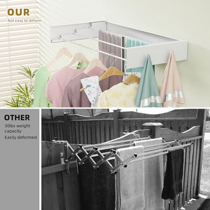 Wall Mounted Drying Rack for Laundry 19.8'', Folding Drying Rack Clothing Wall Mount with 3 Rods and 4 Hooks, Space Saving for Indoor Outdoor Bathroom Balcony (White, 19.8'') - size: 19.8''【4 Hooks】