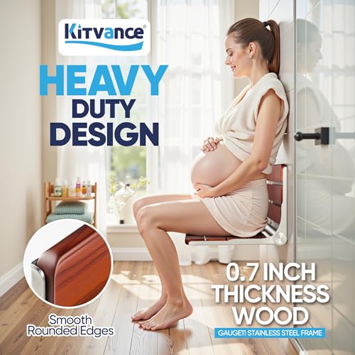 [Upgraded Version] 18" ADA Compliant Folding Teak Shower Seat Wall Mounted-Folding Shower Bench, Folding Shower Seat for Inside Shower, Teak Foldable Shower Chair, Fold Down Shower Seat, Max 400lbs - size: 18.4*13.4*10.4 Inch（Teak）