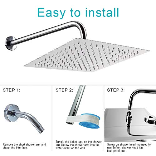 12 Inch Rain Shower Head With 15 Inch Extension Arm, Stainless Steel Large Rainfall, Luxury Square-Waterfall Full Body Coverage-Easy to Install (Chrome) - color: Chrome