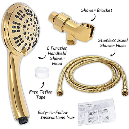 Luxury Handheld Shower Kit - 1.8 GPM - Polished Brass | 6 Function High Pressure Removable Hand Held Showerhead with Hose and Mount, Easy Install for Boosting Low Water Flow Baths - color: Polished Brass, size: 1.8 GPM