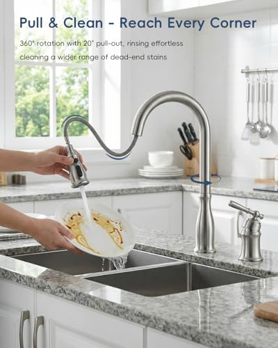3 Holes Kitchen Sink Faucets with Pull Down Sprayer and Soap Dispenser, 2 Holes Brushed Nickel Sink Faucet for Kitchen by DAYONE, Single Handle High Arc, DAY-279BN - color: Brushed Nickel, style: 3 Holes