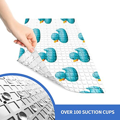 Bath Tub Mat Non Slip Shower Mat Cute Blue Duck Pattern Extra Long Bathtub Mat 26.8x15 inches Bathroom Bath Mat with Suction Cups Drain Holes Machine Washable - color: Cute Blue Duck Pattern