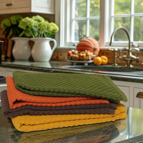 COTTON CRAFT Amazing Kitchen Towel - 12 Pack 100% Cotton Waffle Terry Towel | Harvest Rust Green Gold Brown -16x28 Euro Café Waffle Weave Soft Absorbent Quick Dry Low Lint Reusable Dish Cleaning Cloth - color: Harvest Multi, size: 12 Pack