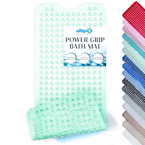 SlipX Solutions 39"x16" Power Grip Non Slip Bathtub Shower Mat, Lt Green | Stronger Wet Surface Protection, Soft Under Foot, 265+ Suction Cups, Large Drainage Holes - color: Clear Light Green