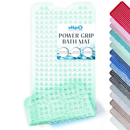 SlipX Solutions 39"x16" Power Grip Non Slip Bathtub Shower Mat, Lt Green | Stronger Wet Surface Protection, Soft Under Foot, 265+ Suction Cups, Large Drainage Holes - color: Clear Light Green