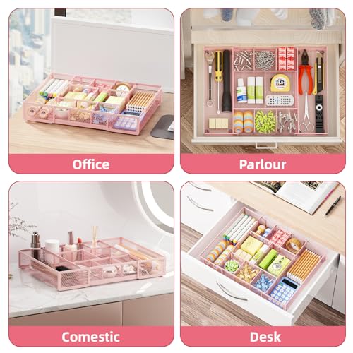 Marbrasse Expandable Desk Drawer Organizer, Mesh Tray with 10 Adjustable Compartments, Desk Organizers for Office Supplies, Makeup & Vanity (Expandable-Pink) - color: Expandable-Pink