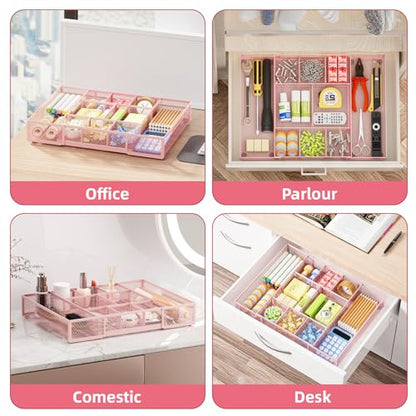Marbrasse Expandable Desk Drawer Organizer, Mesh Tray with 10 Adjustable Compartments, Desk Organizers for Office Supplies, Makeup & Vanity (Expandable-Pink) - color: Expandable-Pink