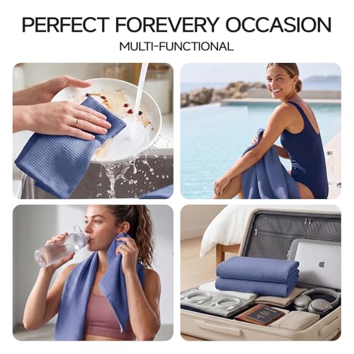 ecolook 6-Piece Waffle Weave Towel Set, 100% Cotton, Lightweight, Absorbent & Quick-Drying, 2 Bath Towels (31×63 in), 2 Hand Towels, 2 Washcloths, Lint-Free for Bathroom, Pool, Gym, Travel - Blue - color: Blue