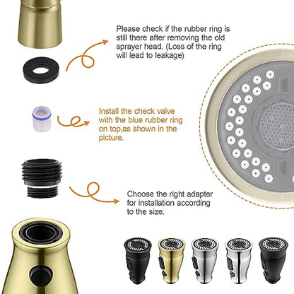 TIORIY Kitchen Faucet Head Replacement with 15 Adapters, 3 Modes Kitchen Faucet Sprayer Replacement Head, Pull Down Kitchen Faucet Spray Nozzle, Brushed Gold - color: Brushed Gold
