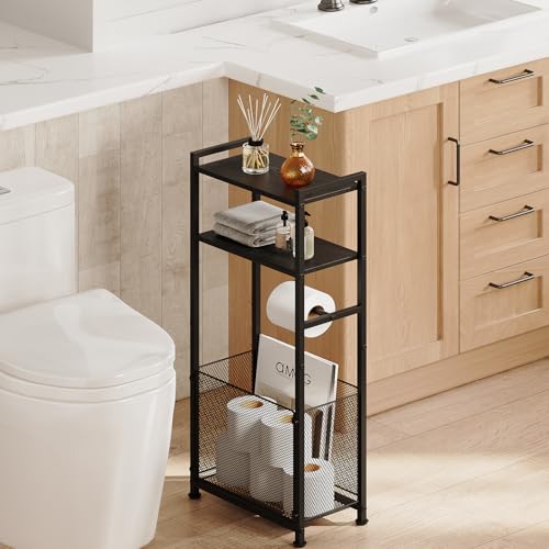 Free Standing Toilet Paper Holder Stand with Shelf, Bathroom Tissue Storage Stand Toilet Roll Dispenser Storage Rack for Phone, Wet Wipe, Bathroom Storage and Organizer Shelf for Small Space