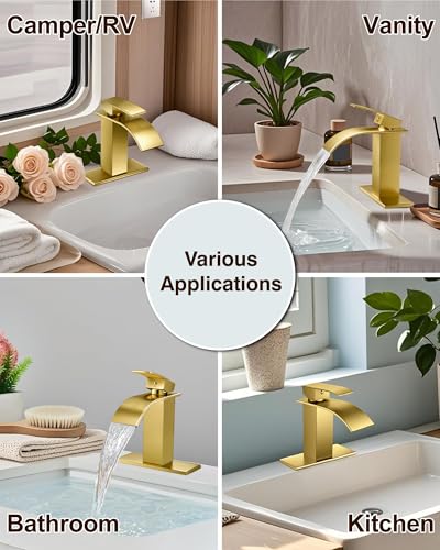 Midanya Waterfall Bathroom Faucet 1 Hole,Gold | with 24” Hoses,Pop Up Drain,6” Deck Plate,for 1 or 3 Hole Vanity,Lavatory,RV,Single Handle Bathroom Sink Faucet,NSF Certified - color: Gold