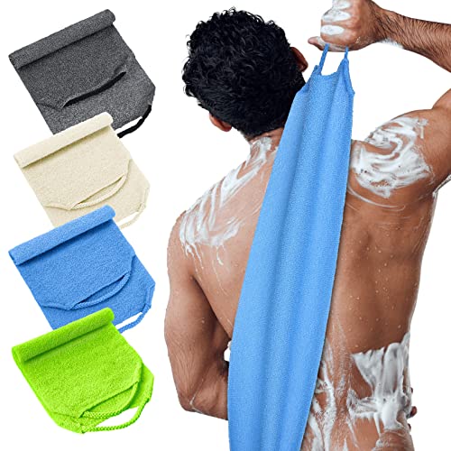 Moukeren Exfoliating Back Scrubber with Handles 4 Pack Nylon Back Exfoliator Extended Length Washers Scrubbers Stretchable Pull Strap Exfoliating Washcloth(Dark Blue, Gray, Beige, Fluorescent Green) - color: Dark Blue, Gray, Beige, Fluorescent Green