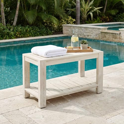 The Sitara Teak Shower Bench with Shelf, 30" Wide, Rustic Light Grey Wash