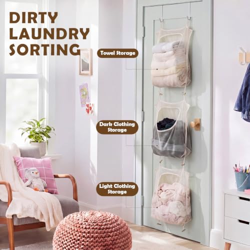 Tranqun 3 Pcs over The Door Hanging Laundry Hamper Mesh Laundry Bag | 65 x 19.7 in Hanging Laundry Bag with Pockets, Hooks, Behind The Door Clothes Organizer, for Bathroom Apartment College Dorm