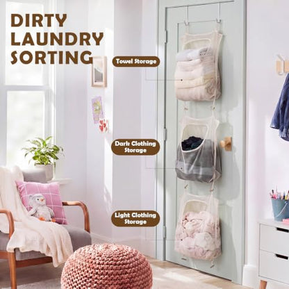 Tranqun 3 Pcs over The Door Hanging Laundry Hamper Mesh Laundry Bag | 65 x 19.7 in Hanging Laundry Bag with Pockets, Hooks, Behind The Door Clothes Organizer, for Bathroom Apartment College Dorm