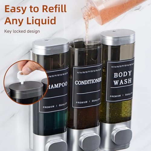 Shampoo and Conditioner Dispenser,Shower Soap Dispenser 3 Chamber No Drill Wall-Mounted for Bathroom & Hotel Leak-Proof Pumps, for Thick Liquids Like Conditioner - 1050ML High Capacity, Silver - color: Silver