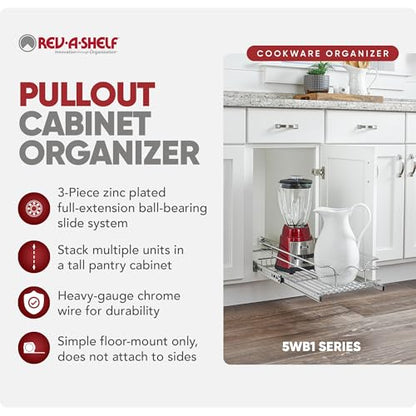 Rev-A-Shelf Steel Wire Pullout Drawer Organizer Shelf for Kitchen Cabinets, Slide Out Storage Basket, Min Opening Width of 11.5" W, 12" x 22", 5WB1-1222CR-1 - size: 12" W x 22"D, style: Single Tier