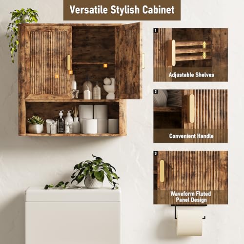 Bathroom Wall Cabinet, Wall-Mounted Medicine Cabinet with Adjustable Wood Shelf & Doors, Floating Bathroom Cabinet Over Toilet for Laundry Room & Kitchen & Living Room (Retro) - color: Retro