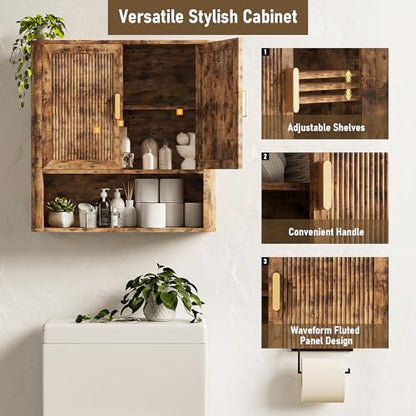 Bathroom Wall Cabinet, Wall-Mounted Medicine Cabinet with Adjustable Wood Shelf & Doors, Floating Bathroom Cabinet Over Toilet for Laundry Room & Kitchen & Living Room (Retro) - color: Retro