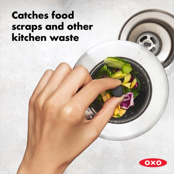 OXO Good Grips Silicone Sink Drain Strainer, Kitchen Sink Stopper | Catches Food Debris, Flexible Silicone Basket, Easy-Lift Handle, Fits Standard Drains, Dishwasher Safe, Kitchen Sink Strainer