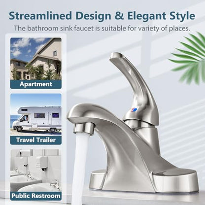 Brushed Nickel Bathroom Sink Faucet,Single Handle 4 Inch Centerset | Single-Handle RV Bathroom Faucet Fits 4-Inch Centerset Sinks,Includes Hot And Cold Supply Lines And A Matching Pop-Up Drain - color: Brushed Nickel
