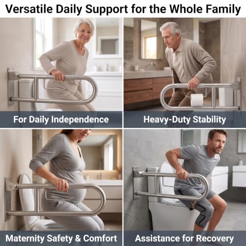 Flip Up Grab Bar, Fold Down Stainless Steel Handicap Grab Bars for Toilet with Knurled Surface, Swing Up Toilet Rails, 90 Degree Bathroom Safety Frame for Seniors, Shower & Tile Wall