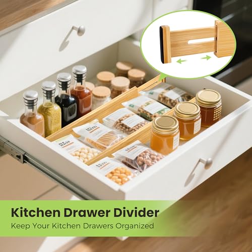 Fyvva Drawer Organizer, Spring-Loaded Expandable Bamboo Dividers 8-Pack | Large Kitchen Drawer Organizer, Adjustable 16.9 to 22.2 in, 2.3in High Non Slip for Kitchen Clothes Bathroom Office Natural - size: 8 Pack Large