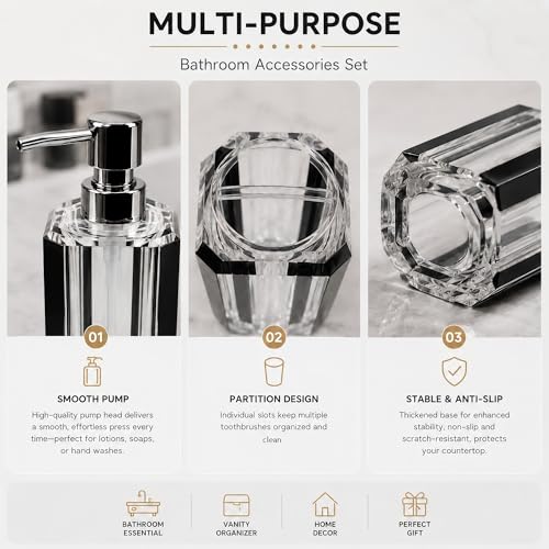 LGURT 4pc Crystal Acrylic Bathroom Set, Brushed Black Soap Dispenser | Soap dish, rinse cup & holder, with brushed black accent. For apartment, guest bath, or vanity countertop. - color: Black