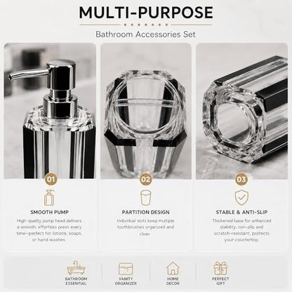 LGURT 4pc Crystal Acrylic Bathroom Set, Brushed Black Edge Accents | soap dispenser, soap dish, rinse cup & holder, with brushed black accent. For apartment, guest bath, or vanity countertop. - color: Black