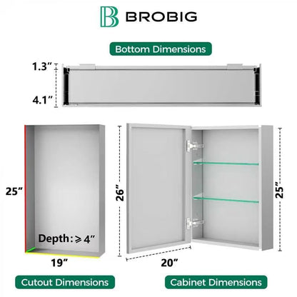 20 x 26 Aluminum Medicine Cabinet Mirror, Moisture & Rust Resistant Bathroom Wall Cabinet with Mirror, Recessed or Surface Mount with Adjustable Shelves, Tempered Glass & Soft Close Hinges - size: 26"L x 20"W