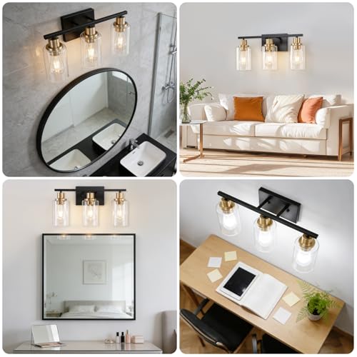 3 Light Bathroom Wall Light Fixture Vanity Wall Lights Over Mirror | Wall Sconce Lighting with Clear Glass Shades, Modern Wall Lights Wall Lamp for Mirror, Hallway Kitchen Bedroom Cabinet - color: Black Gold