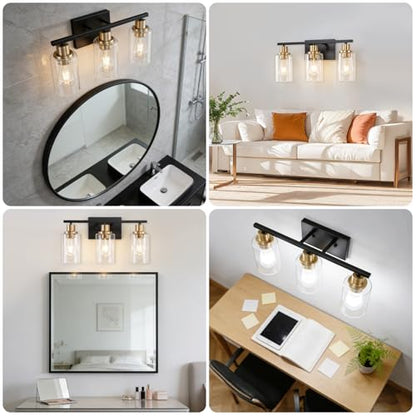 3 Light Bathroom Wall Light Fixture Vanity Wall Lights Over Mirror | Wall Sconce Lighting with Clear Glass Shades, Modern Wall Lights Wall Lamp for Mirror, Hallway Kitchen Bedroom Cabinet - color: Black Gold