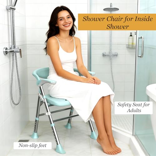 Shower Chair, Shower Chair for Elderly & Disabled, Heavy Duty Bath Stool with Arms and Back, Adjustable Height, Non-Slip Shower Bench Seat, Safe Foldable Bath Assist for Seniors Inside Bathtub Shower