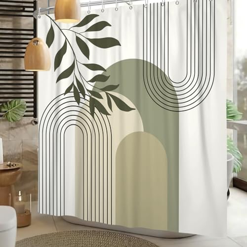 Boho Sage Green Shower Curtain Mid Century Modern Abstract Plant Botanical Bathroom Curtain Minimalist Neutral Geometric Arch Bath Decor Polyester Set with Hooks 48x72 inch - color: Sage Green, size: 48"W x 72"L (Pack of 1)