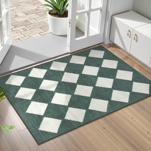 Lahome Zelie Checkered Washable 2x3 Green Kitchen Rugs Non Slip, Small Printed Indoor Door Mat for Entryway, Moroccan Trellis Ultra-Thin Throw Carpet for Bedroom Entrance Decor (2'x3',Dark Green) - color: Dark Green, size: 2' x 3' (Rectangular)