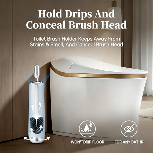 Toilet Brush and Holder Set, Toilet Bowl Brush with Long Handle, High-End Modern Silicone Toilet Brush Set, Non-Scratch, Odor-Free Design(Matte White + Silver, B),Father's Day - color: Matte White + Silver