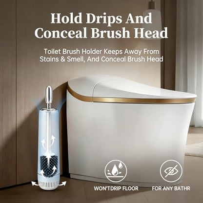 Toilet Brush and Holder Set, Toilet Bowl Brush with Long Handle, High-End Modern Silicone Toilet Brush Set, Non-Scratch, Odor-Free Design(Matte White + Silver, B),Father's Day - color: Matte White + Silver
