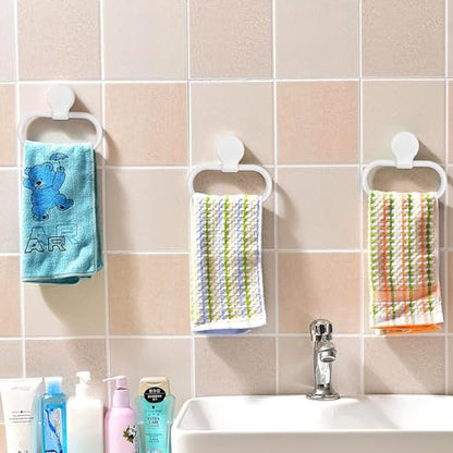 Adhesive Towel Holder, White Hand Towel Holder for Wall Mounted, Plastic Oval Shower Washcloth Hanger Ring for Bathroom