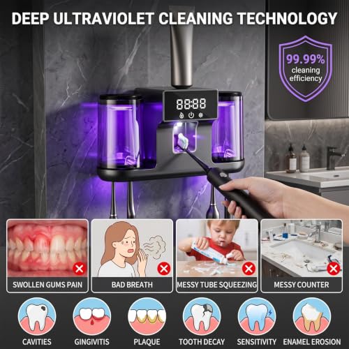 Smart Toothbrush Holder with Automatic Toothpaste Dispenser, Rechargeable Toothbrush Storage Rack with Toothbrush Holder and Mouthwash Cup, Digital Display, Designed for Home Bathrooms (Black) - color: Black