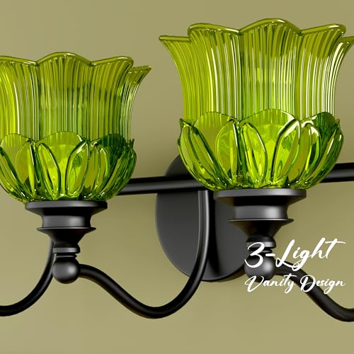 3-Light Vanity Light Over Mirror with Green Crystal Glass Shade | Valley-Lily Shaped Bathroom Light Fixture Black Antique Finish Wall Sconces Mirror Front Lighting for Hallway Living Room - size: 3-Light (Valley-Lily Shaped)