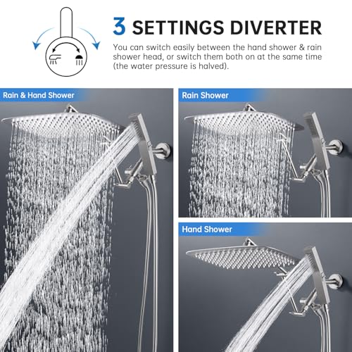 G-Promise All Metal 14 Inches Rainfall Shower Head with Handheld Combo | All Metal, Built to Last, Easy Install, Adjustable Height & Angle for All Heights, Extra Long Hose, Modern Upgrade - color: Brushed Nickel, size: 14 Inches