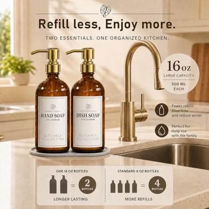 Fachixy Amber Glass Soap Dispenser 2 Pack, 16 Fl Oz, 14 Waterproof Labels | Rust-Resistant Stainless Steel Pump, Non-Slip Pad, Hand & Dish Soap Dispenser Bottles Set for Kitchen and Bathroom - color: Amber