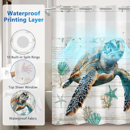 Ocean No Hook Shower Curtain and Snap in Liner Set, Wood Grain Turtle Shower Curtain with Liner and Weighted Hem, 71x74 Inch Heavy Duty Waterproof Fabric Sheer Top Window Shower Curtain for Bathroom - color: Giant Turtle