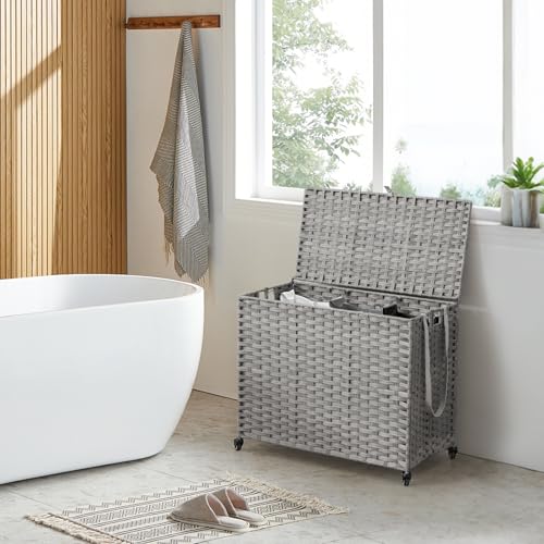 Laundry Hamper with Wheels, 52.8 Gallon(200L) Rolling Laundry Basket with Lid, Removable Large 3 Color Liners & 3 Mesh Laundry Bags, Clothes Hamper with Side Pocket, Grey - color: Grey, size: 31.5"L x 15.75"W x 25.6"H