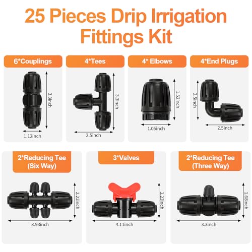 25 Pieces 1/2 Inch Drip Irrigation Fittings Kit, 1/2'' Drip Line Barbed Fittings for 1/2 Inch Irrigation Tubing (1/2" ID x 0.650" OD) Anti-Leak Lock Nut Connectors for Garden Drip System - size: 1/2" Fittings Kit 25 Pcs