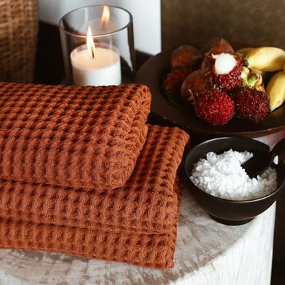 Waffle Bath Sheet Set, 100% Turkish Cotton, Includes 1 Bath Sheet, 1 Hand Towel, 2 Face Towels - color: Terra, size: Bath Sheet Set (4 Pieces)