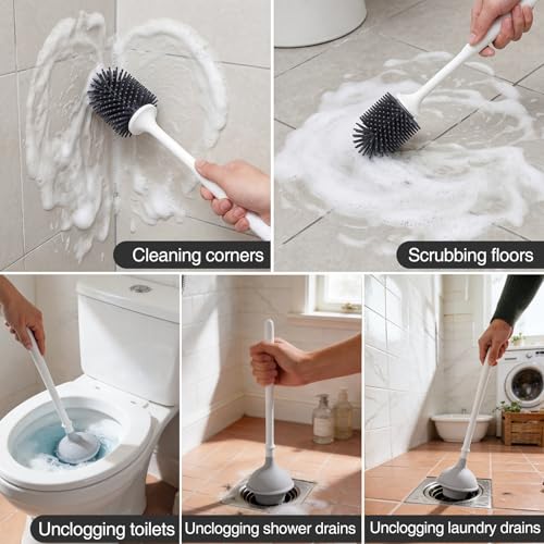 2 in 1 Toilet Brush and Plunger Set with Silicone Bristles, Plastic Material, Includes Holder, White/Black, for Deep Cleaning - color: A-white, size: 2 Pack